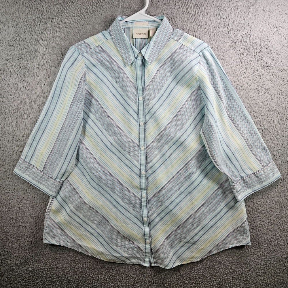 Chicos No Iron Striped Button Down Shirt Womens 2 Blue Green 3/4 Sleeve Pleat